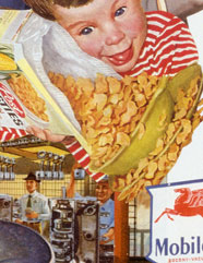 Appropriating vintage 50's advt and illustrations Sally Edelstein's collage looks at Post War multinationals promoting a consumer culture