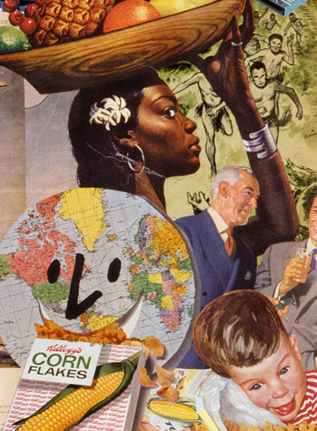 Sally Edelstein's collage utilizing vintage 40's 50's advt. and  illustration pokes fun at the Cold War Military Industrial complex of war making and money making