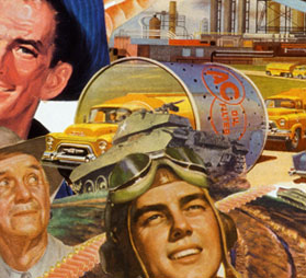 Appropriating vintage advt illustrations from 40's 50's Sally Edelsteins'collage looks at American lust for oil