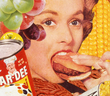 The American Cold war appetite for convenience is displayed in Sally Edelstein's collage  composed of retro food ads 
