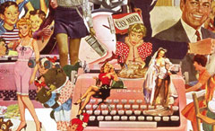 A collage by Sally Edelstein utilizing vintage illustration is a collection of conflicting cultural messages about women and their roles in the 50's 60s and 70's