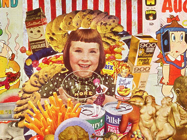 Conflicting Cold War messages about food and appetite are addressed in Sally Edelstein's collage composed of vintage food advertising and illustration