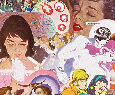 Utilizing vintage illustrations from 50's 60's 70s Sally Edelstein's collage is a collection of conflicted media messages about women romance and sex