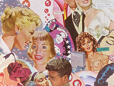 Appropriating vintage advertising and illustrations from 50's,60's and70's, Artist Sally Edelstein's collage comingles cliches about growing up female in America