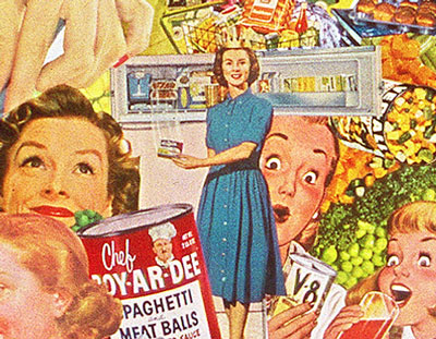 Defrosting popular images from the Cold War Kitchen, Sally Edelsteins collage utilizing vintage ads and illustrations, pokes fun at the world of 50s convenience foods