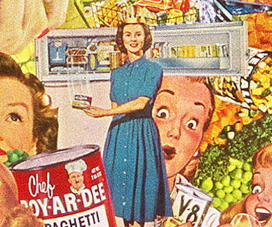 Appropriating vintage illustrations from adv. Sally Edelstein's collage is a collection of media stereotypes of 50's housewives 