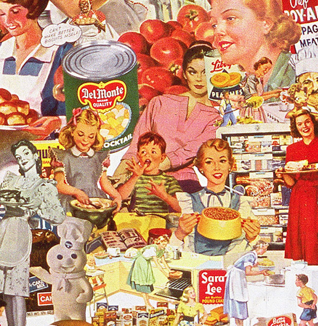 A pastiche of processed foods and the 50s housewives who prepared them is featured in sally Edelstein's collage composed of vintage food advertising and illustrations from 50s 60s