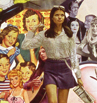 Utilizing vintage advertising and illustrations 50's, 60s, Sally Edelstein's collage is a collection of conflicting cultural messages about women and their families
