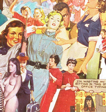 The world of sexist jobs in the  60s as shown in Sally Edelstein's collage composed of appropriated vintage illustrations