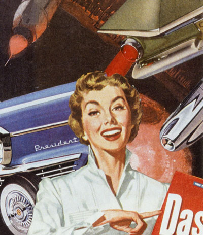 The Cold War emphasis on speed whether cars balistic missiles,laundry detergents or survival rate is subject of Sally Edelsteins collage