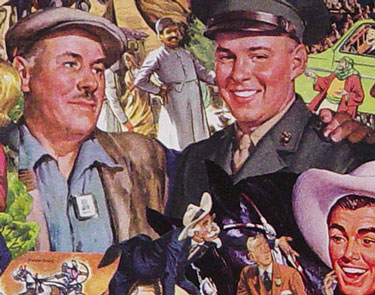 Sally Edelstein appropriates vintage illustrations from 1940s 50s in her collage portraying American soldiers as goodwill Ambassadors in Post War World