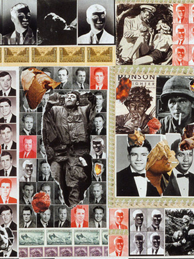 Sally Edelstein's collage is composed of hundreds of High school year book portraits from 40's 50's60s juxtaposed against horrors of war 