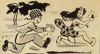 The fun side of war in a 1940s cartoon of an American GI chasing a native girl