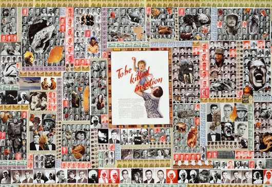 Sally Edelsteins collage is composed of hundreds of vintage HS year books from 40' 50's 60's 70's juxtaposed against images of the horrors of war