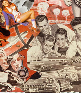 Sally Edelstein's collage of appropriated vintage illustrations looks at a Cold war culture of Mutually Assured Destruction as America and Russia begin the nuclear arms race