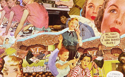 Sally Edelstein appropriates vintage illustration in her collage chronicaling the mundane quality of 60s housewife