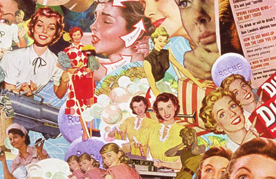Appropriating vintage ads and illustrations Sally Edelstein's collage runs rampant with media stereotypes of 50's females housework 