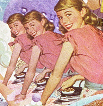 A collage by Sally Edelstein featuring mass media stereotypes of smiling 50's housewives doing housework