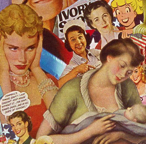 An amalgam of female mass media stereotypes in a collage by Sally Edelstein using vintage advertising and illustrations from 50's 60s.