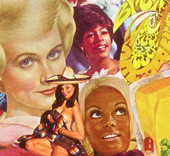 Sally Edelstein's collage deals with the ethnic imagery in advertising in 60s utilizing vintage images from advertising