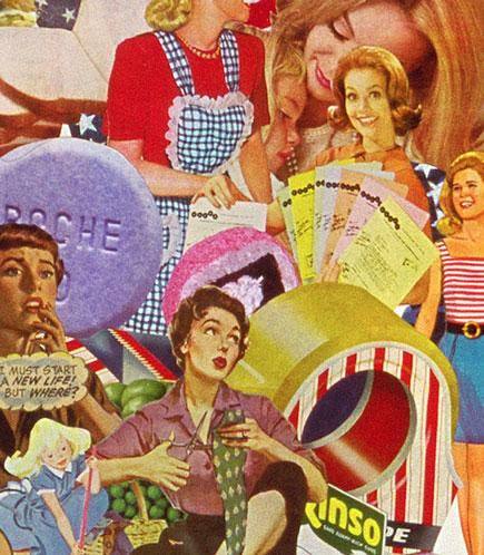 The new Frontier World of pre feminists questioning their happy housewife roles in Sally Edelstein's collage utilizing vintage illustrations 50's 60's