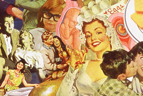 Appropriating retro illustrations from the 50's 60s Sally Edelstein's collage narrates the struggle between gender stereotypes in the mass media