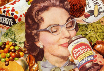 A satirical poke at CIvil defense suggestion of stocking up your home fall out shelter with convenience foods is the subject of Sally Edelstein's collage using 50's vintage advt illustrations