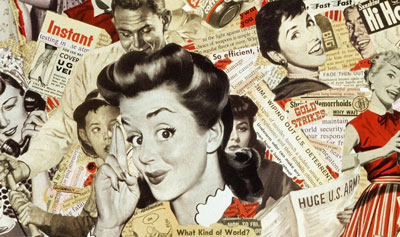 1950s consumer culture driven by military industrial complex is subject in artist Sally Edelstein's collage composed of 50's vintage adv. and illustrations