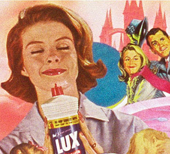 A collage by Sally Edelstein featuring vintage images from 50s 60s of female consumerism